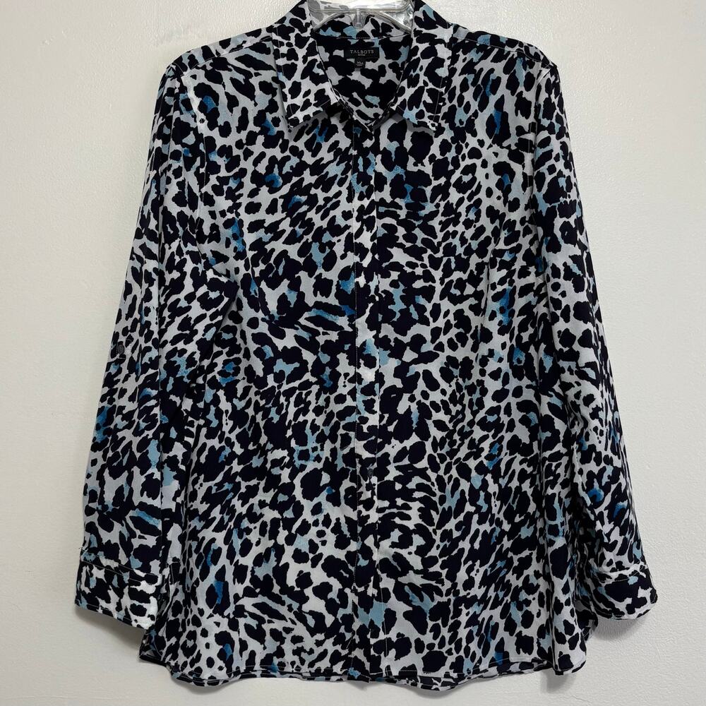 Talbots Petites Leopard Print Blouse Black White Blue XLP